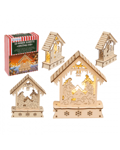 Houten silhouet Kerststal met LED